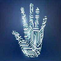 Handprint with wired graphics masked inside.