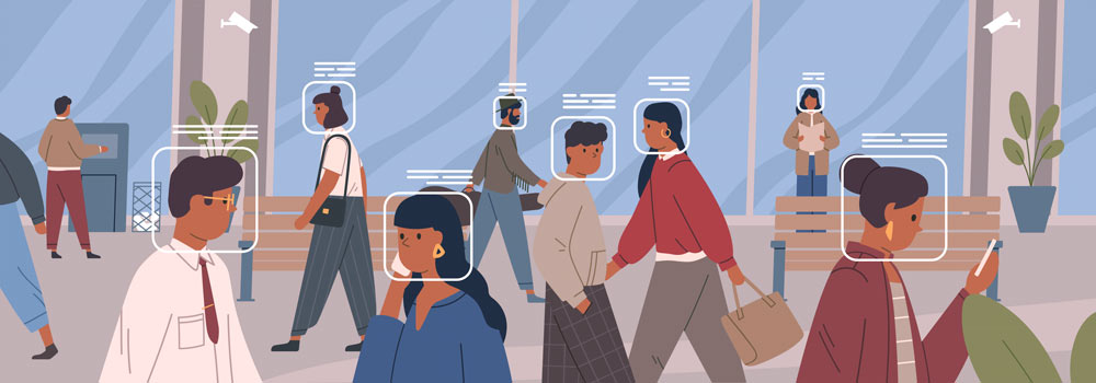 Illustration of people walking down a street with face scans.